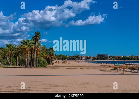 Palmen Strand von Cambrils Spanien Platja Prat d`en Fores Costa Dorada Katalonien Provinz Tarragona einer der schönsten Strände an der Goldenen Küste Stockfoto